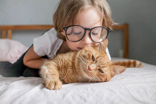 Niña con gafas se encuentra en la cama y abraza a un gato pelirrojo gordo. — Foto de Stock