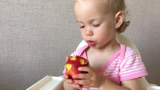 Gadis kecil selera dan makan nektarin juicy dengan kesenangan dan bunga — Stok Video