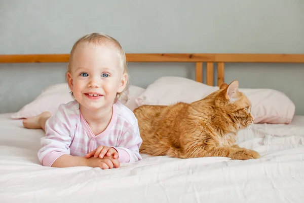 Uma menina fofa se senta na cama com um gato de gengibre gordo, acaricia e brinca com ele. — Fotografia de Stock