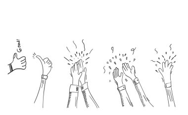 El çizimi alkış seti, eller el çırpma hareketi Doodle stili