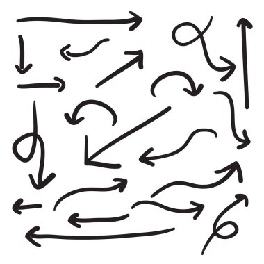 El çizimi Oklar simgeleri ayarlandı. Çeşitli yönlerde ok simgesi. Doodle vektör çizimi. beyaz arkaplanda izole edilmiş