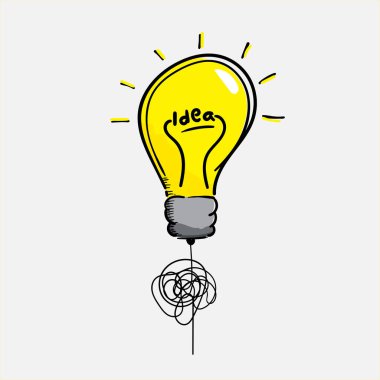 El çizimi ampul ikonu. Fikrin karalama konsepti. Beyin fırtınası ilham tasarımı. ampul sembolleri