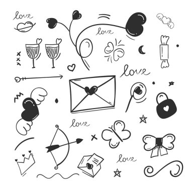 El çizimi soyut karalama elementleri. Aşk karalama konsepti.