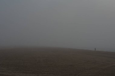 Yalnız insan sisli bir sabah deniz kıyısında yürür.