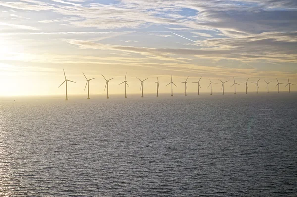 Middelgrunden: an offshore wind farm at dawn. Sunrise over the Sea