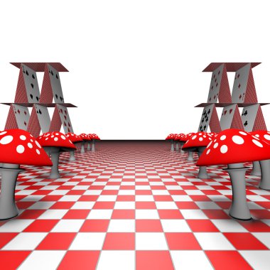 Amanita and playing cards on the chessboard - 3D-Rendering clipart