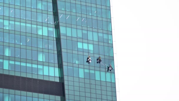 職場の窓掃除機が3つモスクワ国際ビジネスセンター(モスクワ市)の超高層ビル。ウード - 4k。2016年9月17日モスクワ。ロシア — ストック動画