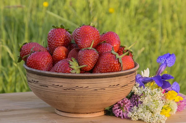 Full earthenware bowl of delicious strawberries — Stock Photo, Image