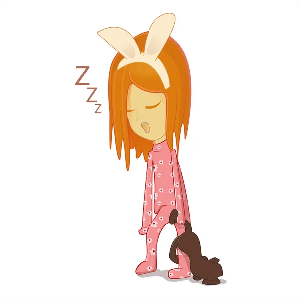 Menina dormindo de pé no meu pijama e com um urso de brinquedo — Fotografia de Stock