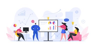 İnsanlardan oluşan bir ekip, yıllık bilgi karikatürü konseptini değerlendirir. Kadın ve erkek karakterler mali kazancı analiz ediyorlar