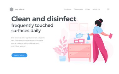 Salgın sırasında karikatür kadın nesneleri dezenfekte ediyor.