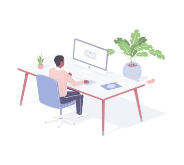 Ofisteki programcı çevrimiçi proje izometrik vektörü üzerinde çalışıyor. Modern bilgisayar melodilerinde erkek karakter web algoritmaları.