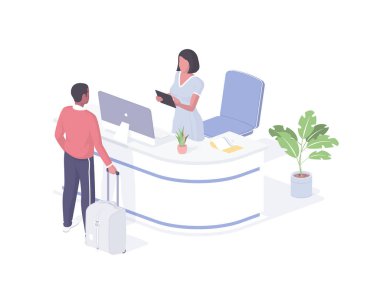Man buying tickets at box office isometric illustration. Male character with travel bag makes order for air flight. clipart