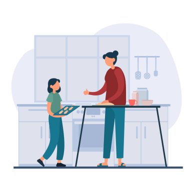 Kızınız, annenize evde pasta pişirmesi için yardım ediyor.