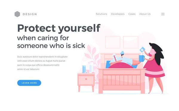 Banner auf der Website zur Pflege kranker Patienten mit Selbstschutz — Stockvektor