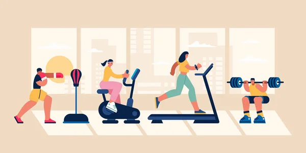 Cartoon sportive people exercising with various equipment in gym — Stock Vector