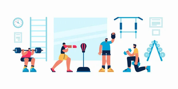 Αθλητές που κάνουν διάφορες ασκήσεις στο σύγχρονο γυμναστήριο — Διανυσματικό Αρχείο