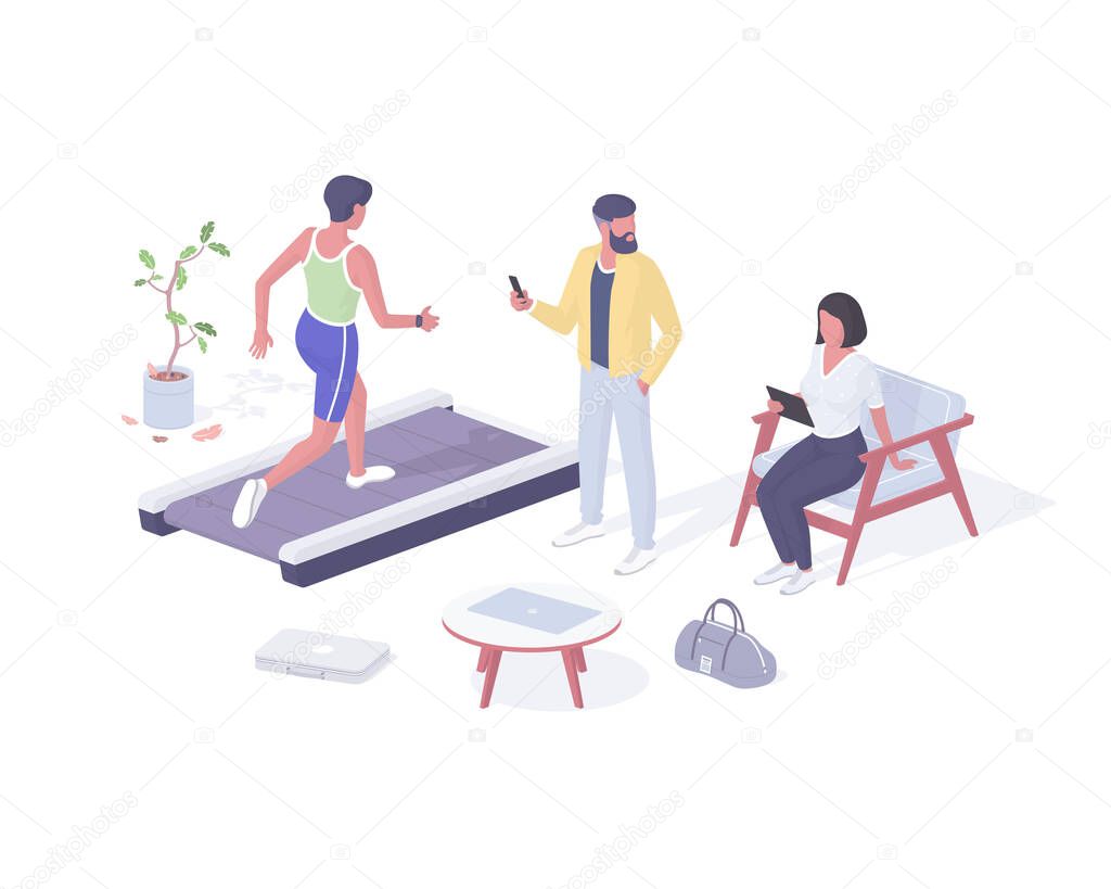 People sign up to gym realistic isometric. Male and female character with smartphone and tablet watching suitable fitness .