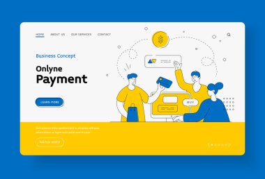 Çevrimiçi ödeme uygulaması kavramı ana sayfa şablonu. Karakter, çevrimiçi mağaza ödemesinden web kredi kartıyla mal satın alır.