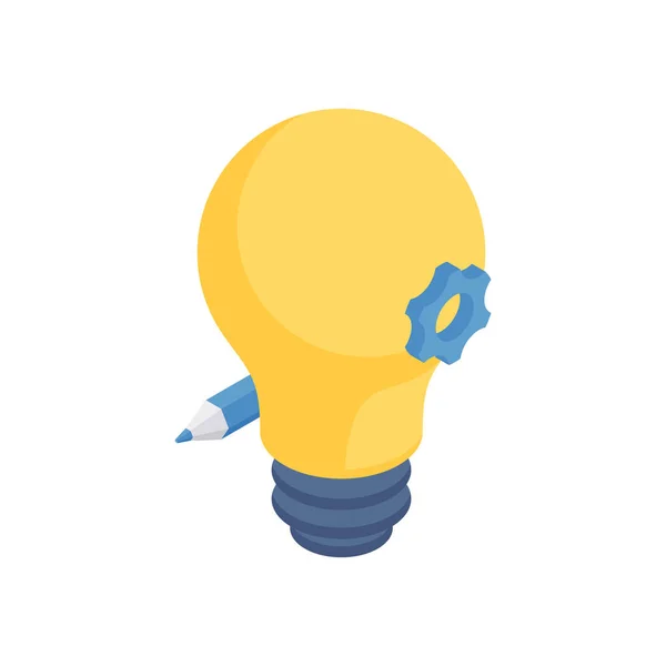 Kreative Ideenentwicklung isometrisches Konzept. Gelbe Glühbirne mit blauem Bleistift und Ausrüstung. — Stockvektor