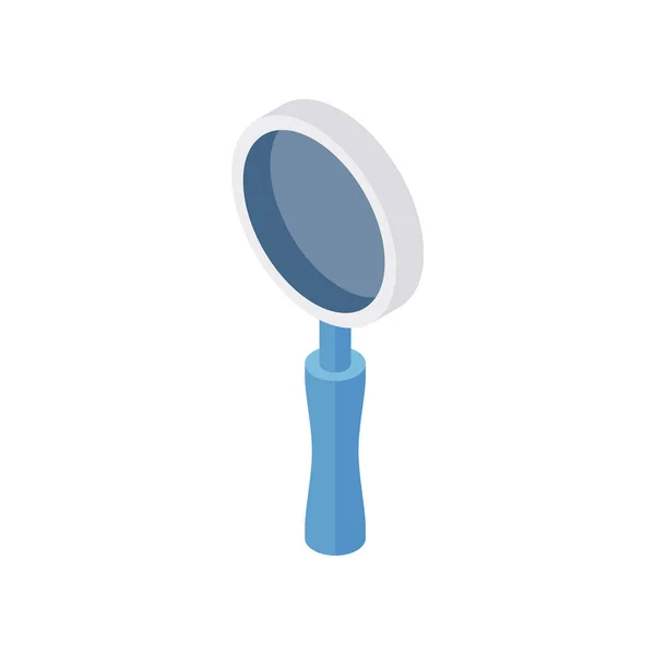 Icono isométrico de lupa de aumento. Lente óptica en mango azul con borde blanco. — Vector de stock
