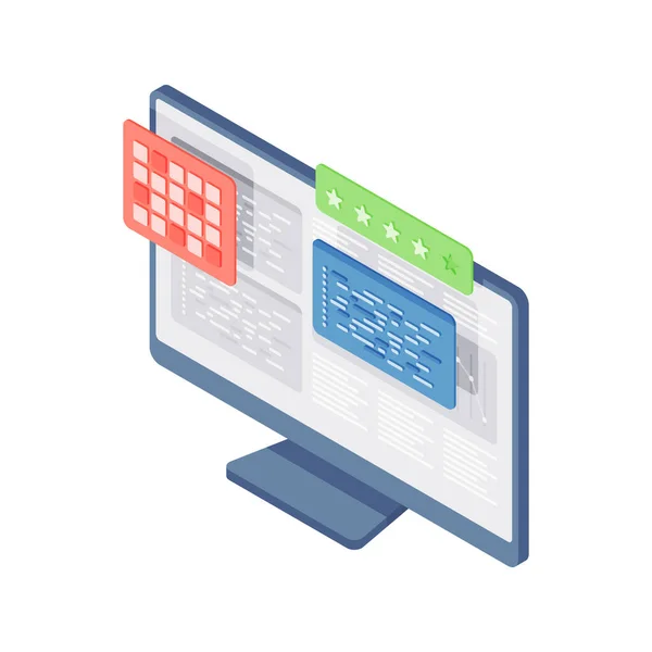 Isometrisches Symbol für die Bewertung der Website. Monitor mit Qualitätssternen und Programmierprogramm. — Stockvektor