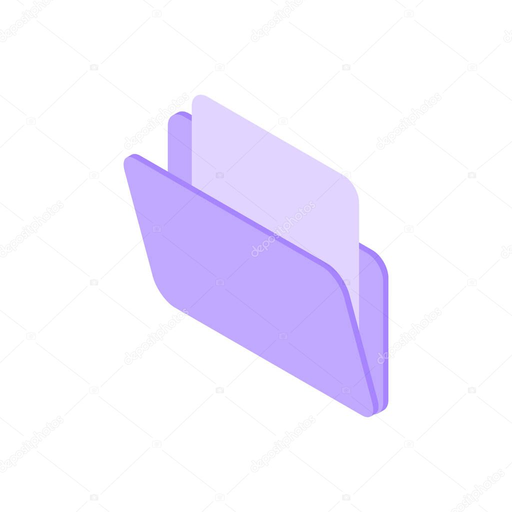 Folder with documents isometric icon. Purple portfolio pieces paper. Storage information and archived data. Online library with numerous scientific entertainment applications vector illustration.