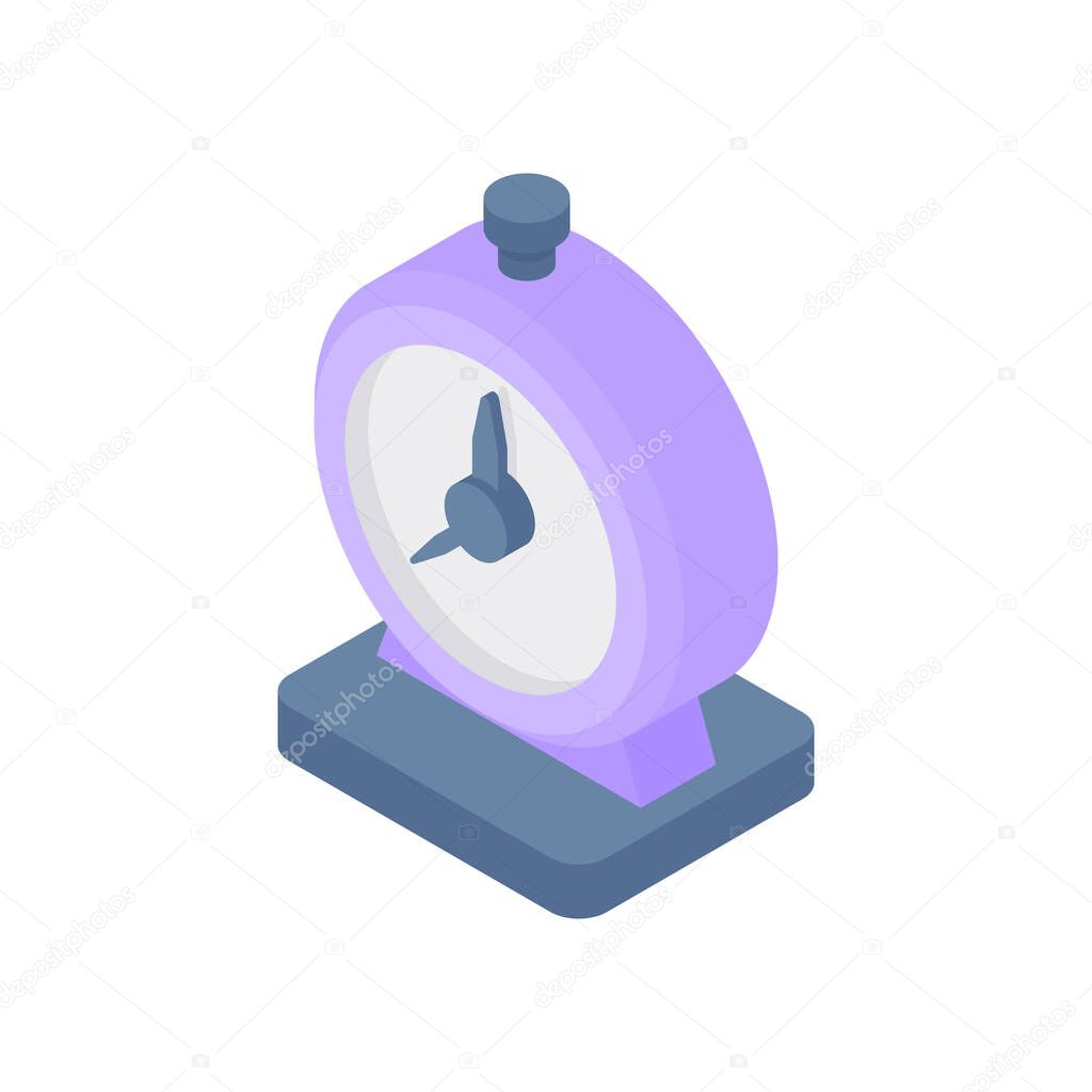 Desktop alarm clock isometric icon. Purple round watch with white dial.