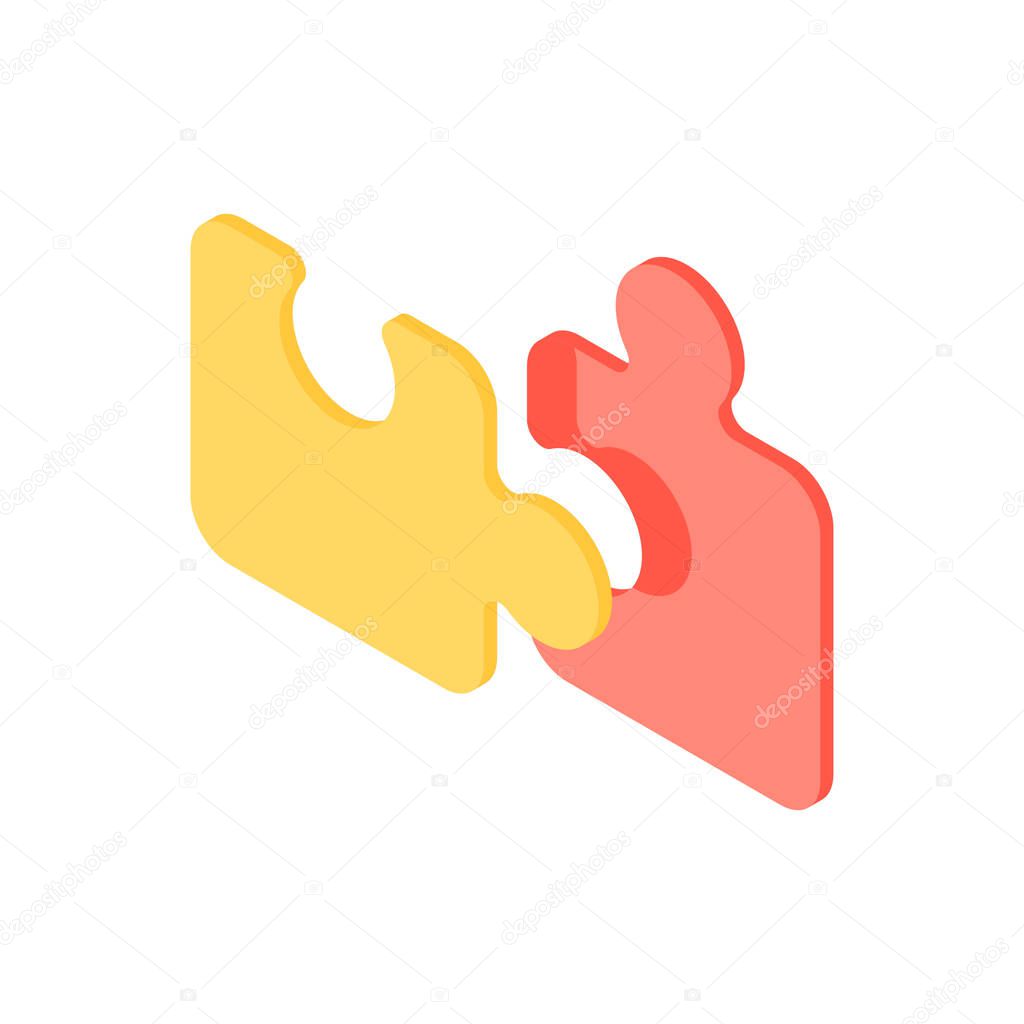 Puzzle pieces isometric icon. Logic puzzle with yellow and red details colored connection elements.