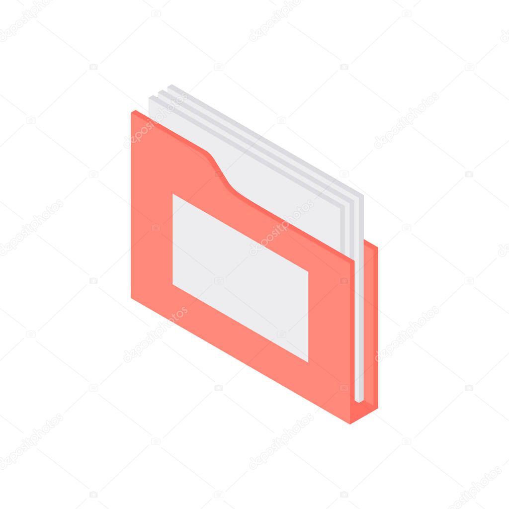 File folder with documentation isometric icon. Red storage form with white sheets. Information and archived data in web portfolio. Online library with numerous scientific vector illustration.
