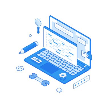 Web sitesi optimizasyonu ve geliştirme süreci izometrik konsepti. Yapı ve yönetim ile arama ayarlamaları ve analizleri.