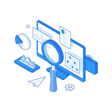 Infographic analizi ve istatistik optimizasyonu izometrik çizim. İnternet sitesi çizelgeleri ve çevrimiçi çizelgelerde dalgalanmalar.