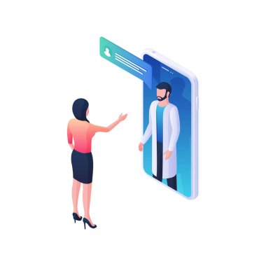 Tıbbi Webinar izometrik vektör çizimi. Beyaz önlük, akıllı telefondan çevrimiçi tanı koyuyor..