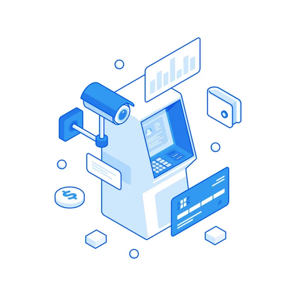 ATM 'den izometrik çizimlerle para çek. Elektronik terminalden baskı finansmanı ve yeniden yükleme depoziti. — Stok Vektör