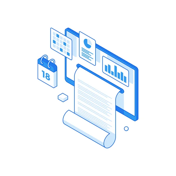 Estatística infográfica e coleta de relatório on-line conceito isométrico. Diagramas de tempo de entrega do projeto e informações de pesquisa. —  Vetores de Stock