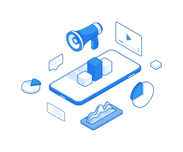 Publicidade anúncio e estatística coleção ilustração isométrica. Flutuações infográficas vídeo online e diagramas de entretenimento. —  Vetores de Stock