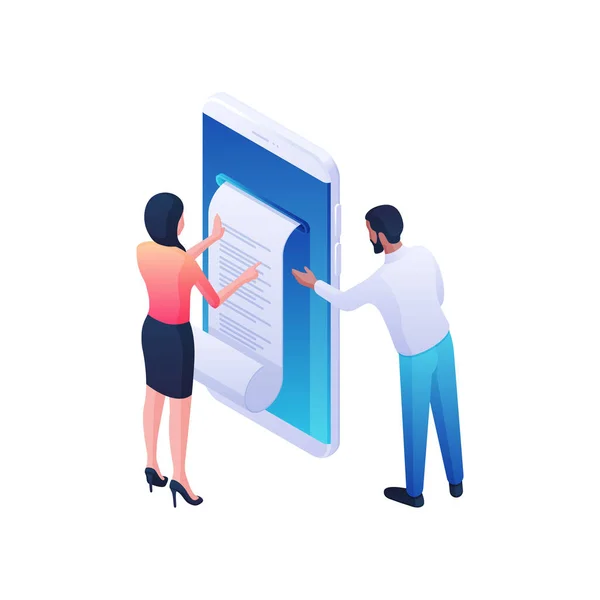 People receiving medical prescription online isometric vector illustration. Male and female characters reading medical document. — Stock Vector