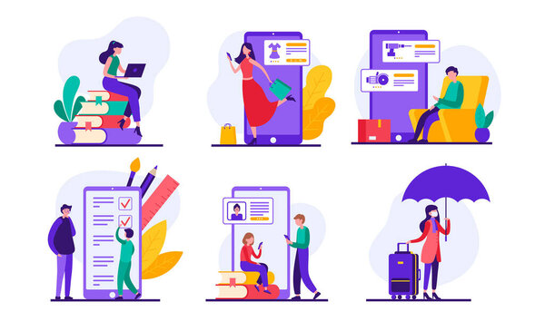 Мультфильм люди, использующие различные мобильные услуги во время пандемии коронавируса