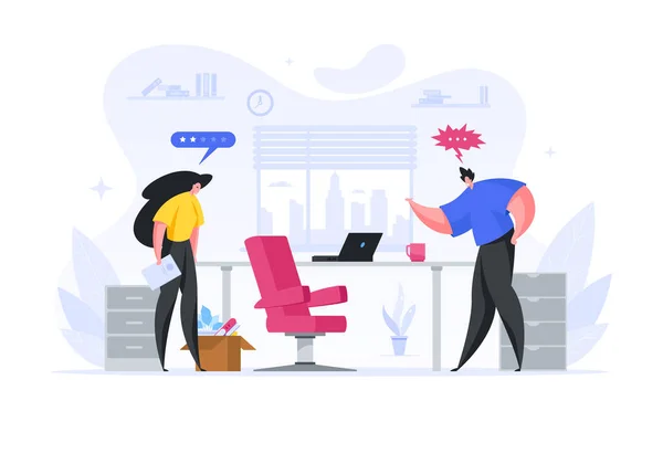 Boss fires employee of company vector flat illustration. An angry man kicks out frustrated woman from work. — Stock Vector