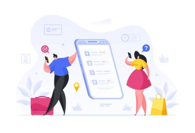 Parktaki insanlar internetten fast food vektör çizimi sipariş ediyorlar. Erkek ve kadın karakterler popüler lezzetli menüleri seçer..