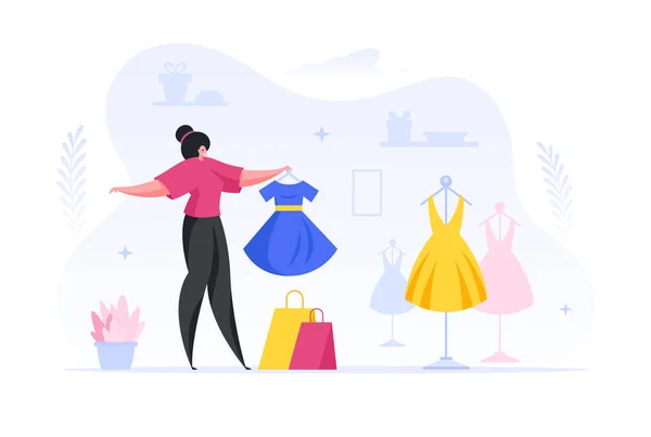 Mujer comprando nuevo vestido de moda en la ilustración de dibujos animados tienda. — Vector de stock