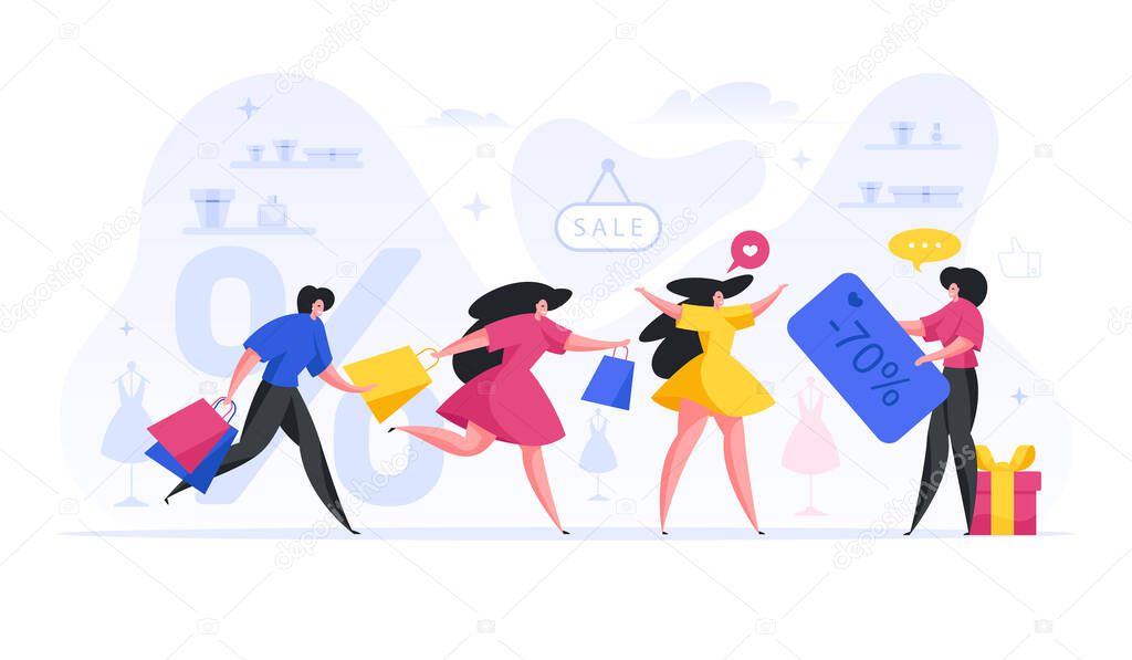 People running for sale of designer items vector flat concept. Group women with bags are in hurry to catch huge discount.