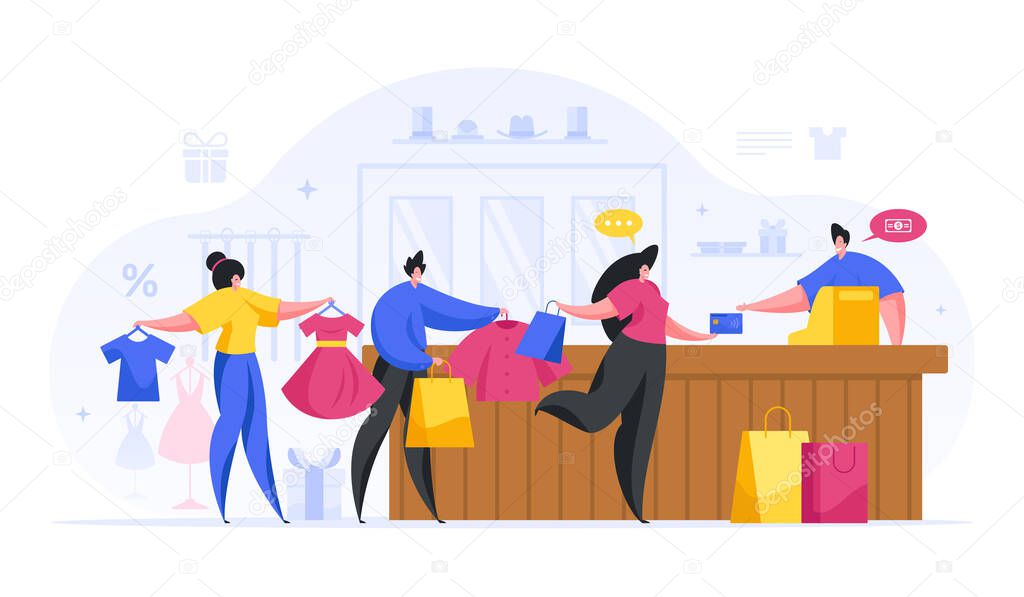 People pay for purchases checkout in fashionable store cartoon concept.