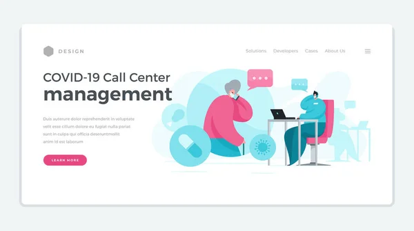 Шаблон мультфільму веб-сайту колл-центру під час пандемії COVID 19 — стоковий вектор