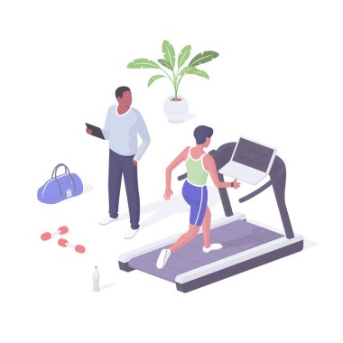 Fitness sınıfı kardiyo makinesi gerçekçi izometri. Koşu bandındaki kadın karakter yürüme hızını artırıyor.