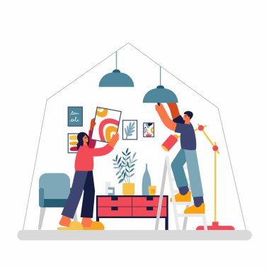 Yeni dairede çift dekorasyon odası.