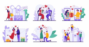 Sevgililer Günü için çizgi film karakterli vektör çizimleri