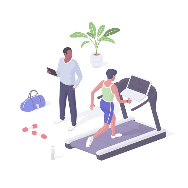 Γυμναστήριο τάξη καρδιο μηχανή ρεαλιστική ισομετρία. Γυναικείος χαρακτήρας στο διάδρομο αυξάνει το περπάτημα ρυθμό. — Διανυσματικό Αρχείο
