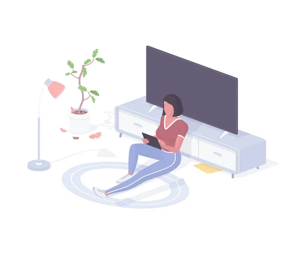 Vrouw die thuis rust isometrische vector. Vrouwelijk karakter ontspannen met tablet in de buurt van TV in de woonkamer. — Stockvector