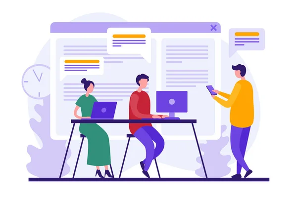 Moderna medarbetare kommunicerar i jobbchatt tillsammans — Stock vektor